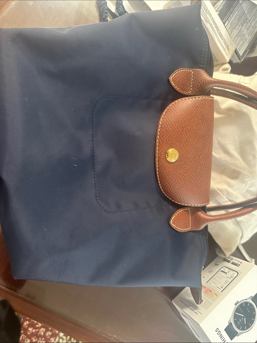 Navy Tote Bag with Brown Leather Trim